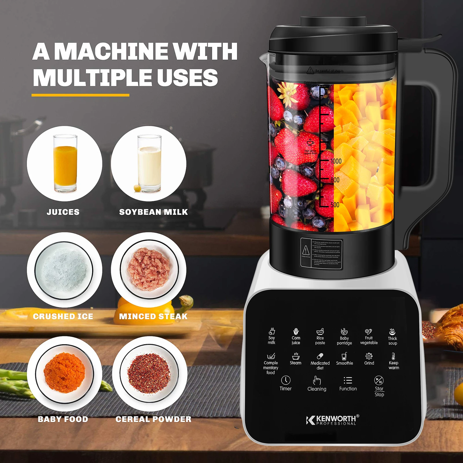 Multi-funcional Touch Screen Blender, 1200W, 11 L, Misturador De Frutas, Espremedor, Processador De Alimentos, Ice Smoothies Crusher, Temporizador,