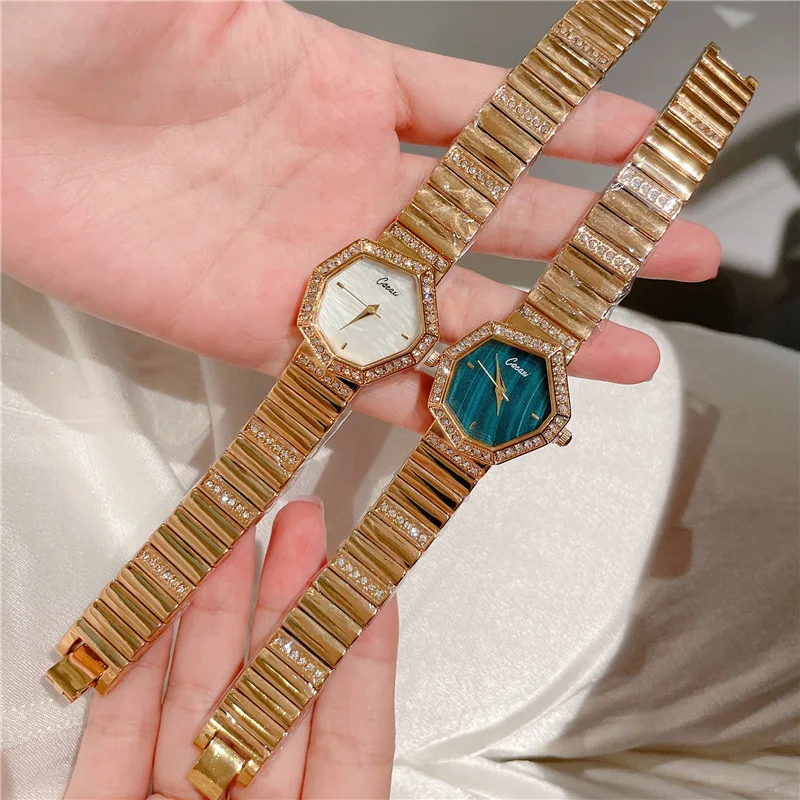 Cacaxi Rose Gold Sliver Watch Women Quartz Wristwatch Simple White Dial Square Clock Fashion Diamond Stainless Steel Green Reloj