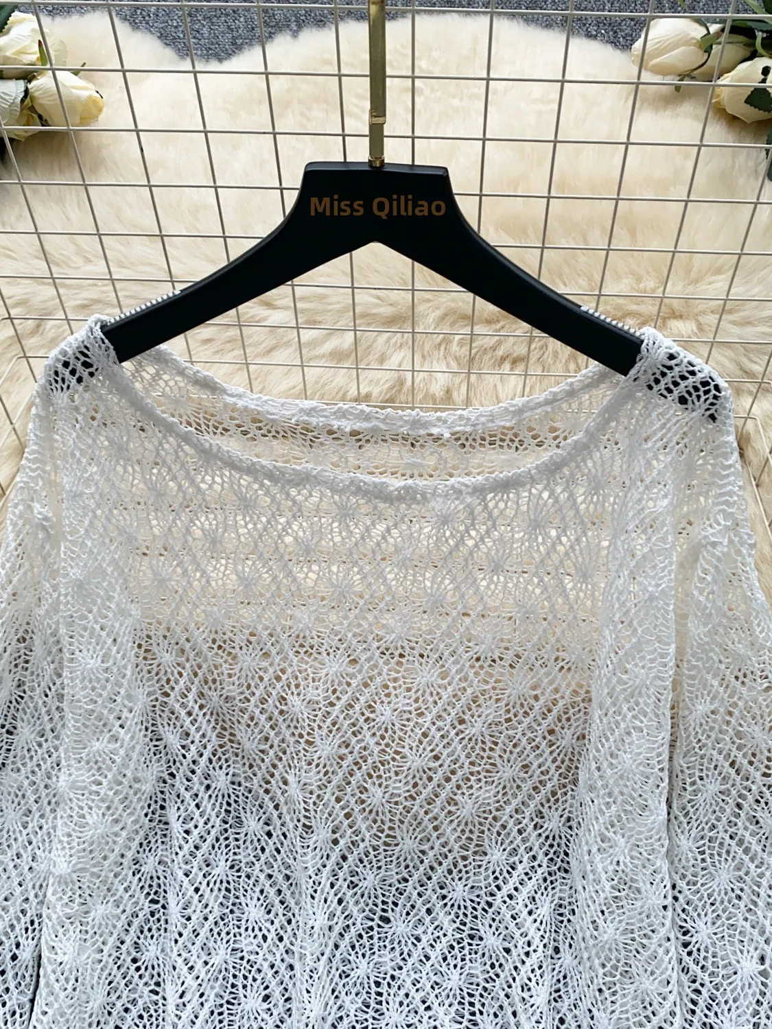 Lace Open Cardigan Women's Summer Long Sleeve Loose Commute Style White Ball Decoration Top Breathable Hollow out Skin-Friendly view 2