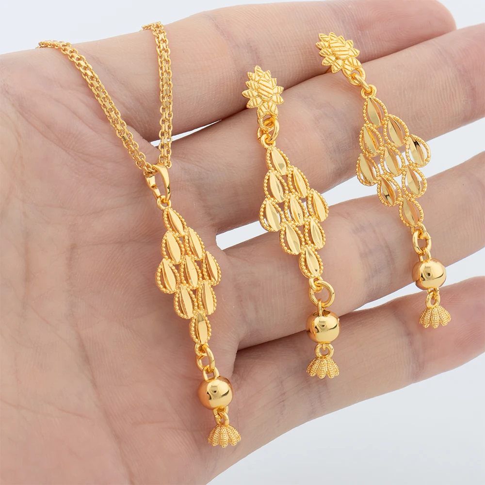 2Pcs Round Beads Jewelry Set Gold Color Necklace Copper Drop Earrings For Women Simple Lucky Pendant Gift Jewelry Accessories
