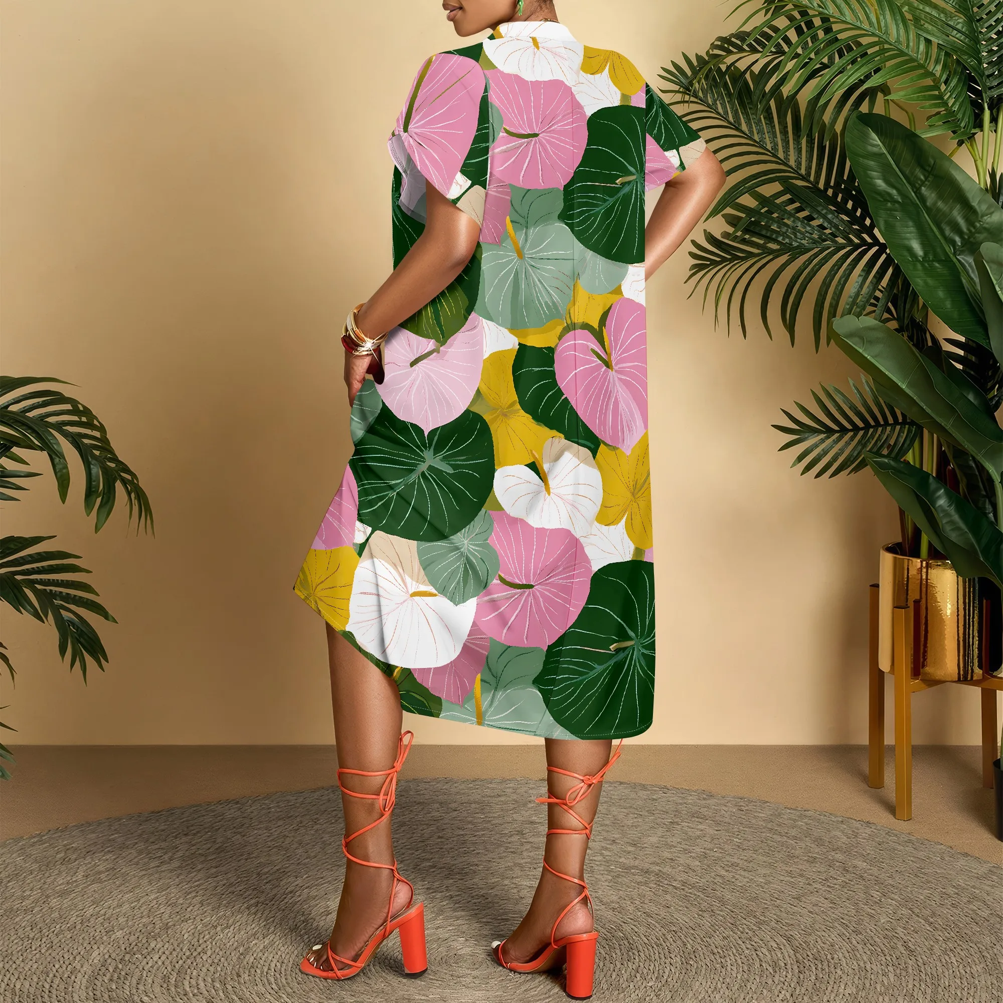 Tropical Print V-Neck Dress Pink Leaf Pattern Summer Dress Green Floral Midi Dress for Women