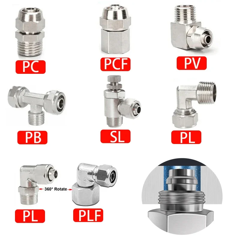 ПК PCF SL PL306 °   Поворотное пневматическое быстрозатягивающее соединение, шланг из полиуретана, OD4, 6, 8, 10, 12 мм, резьба BSP, 1/8 дюйма, 1/4