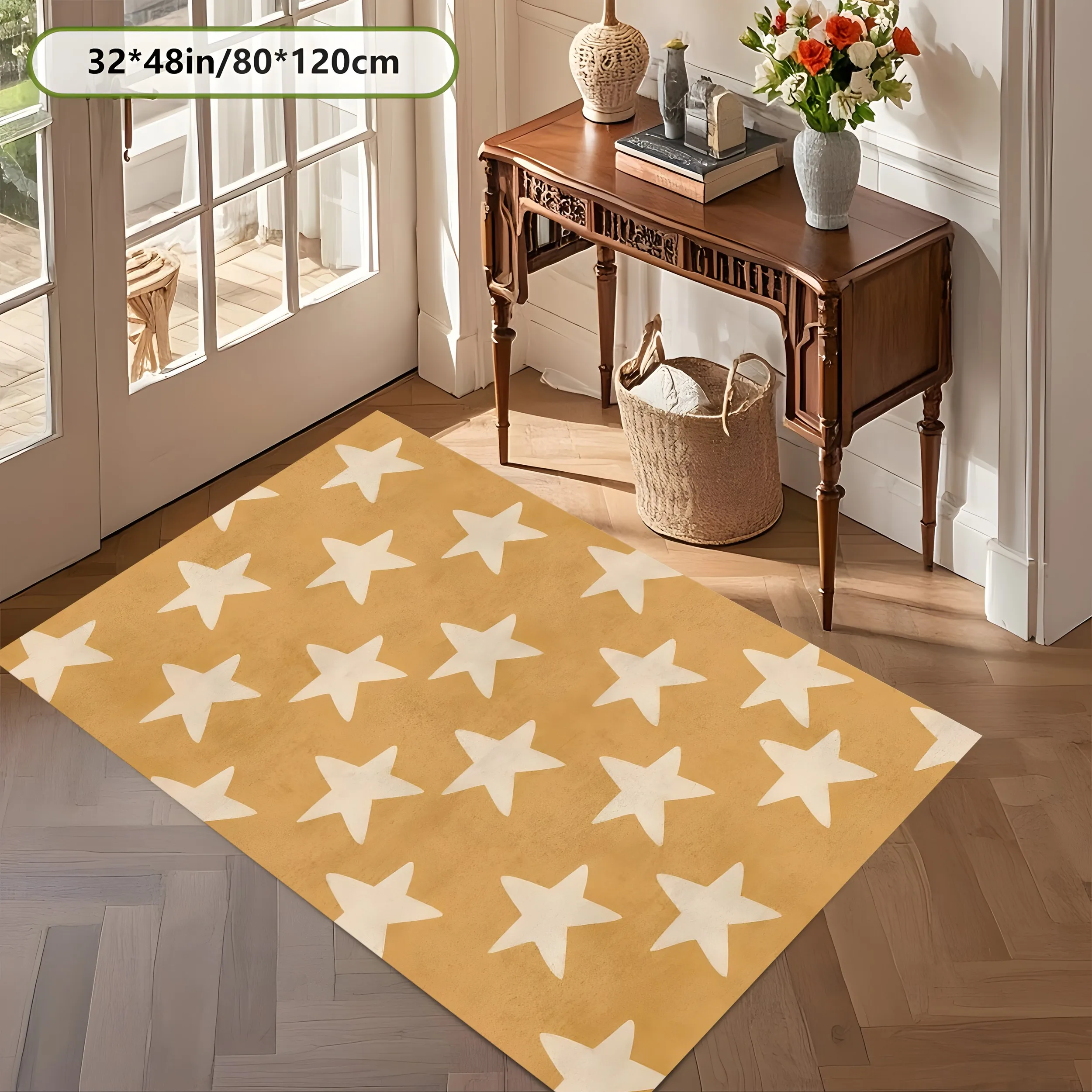 Warm Yellow All-Over Star Print Rug, Gentle Soothing Carpet for Living Room Bedroom, Cozy Home Decor