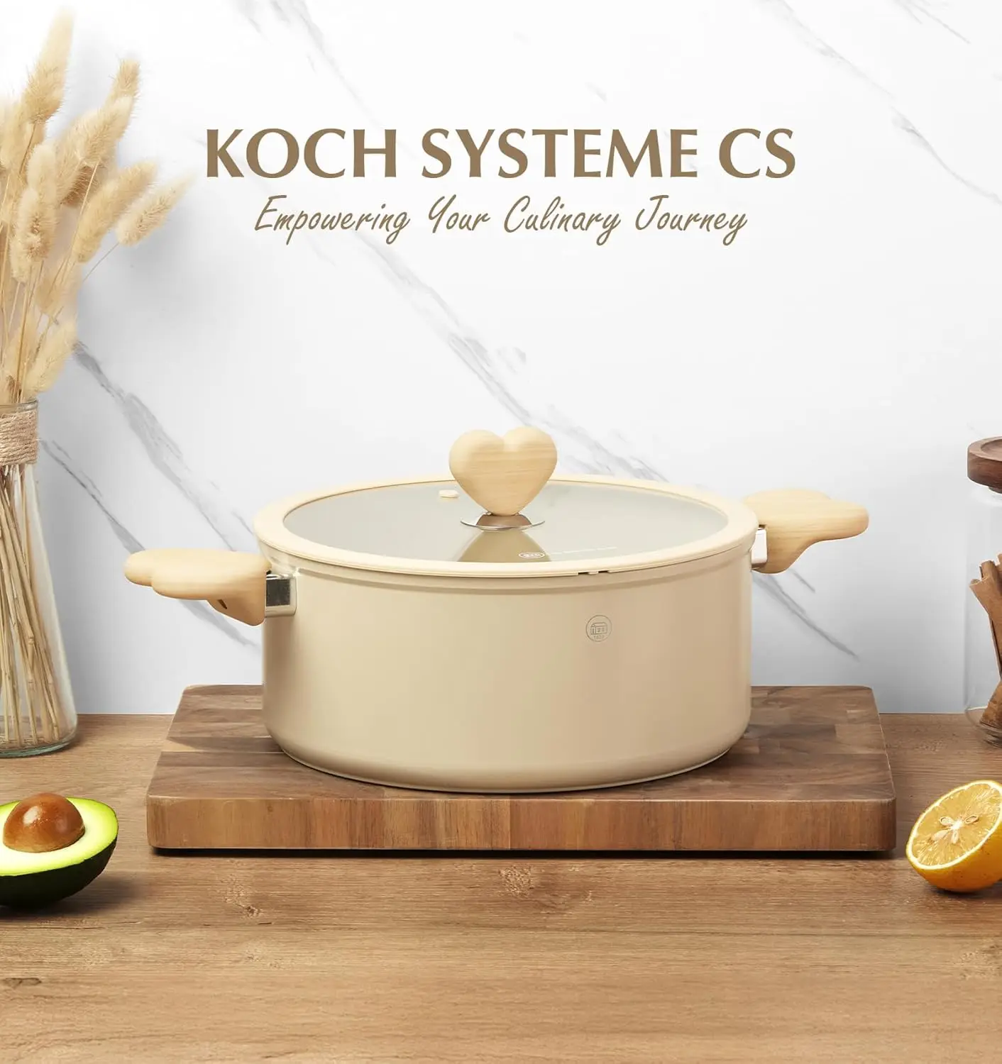 

KOCH SYSTEME CS Stock Pot with Lid, 6 Quart Pot with Nonstick Cream Interior, Nonstick Soup Pots with Heart-Shaped Handles