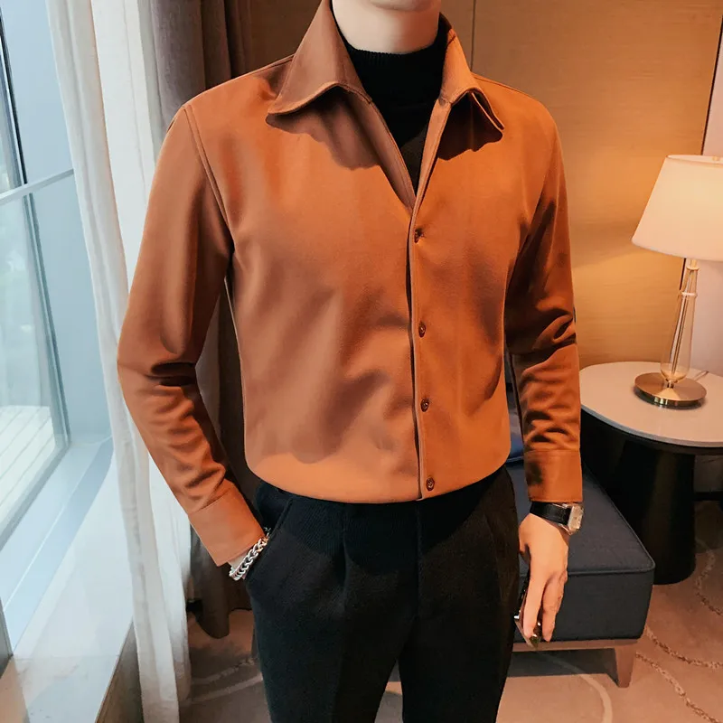 

Winter Sweater Collar Fake Two Pieces Long Sleeve Woollen Shirt Mens Thickening Pure Color Leisure Slim Fit Half High Neck Shirt