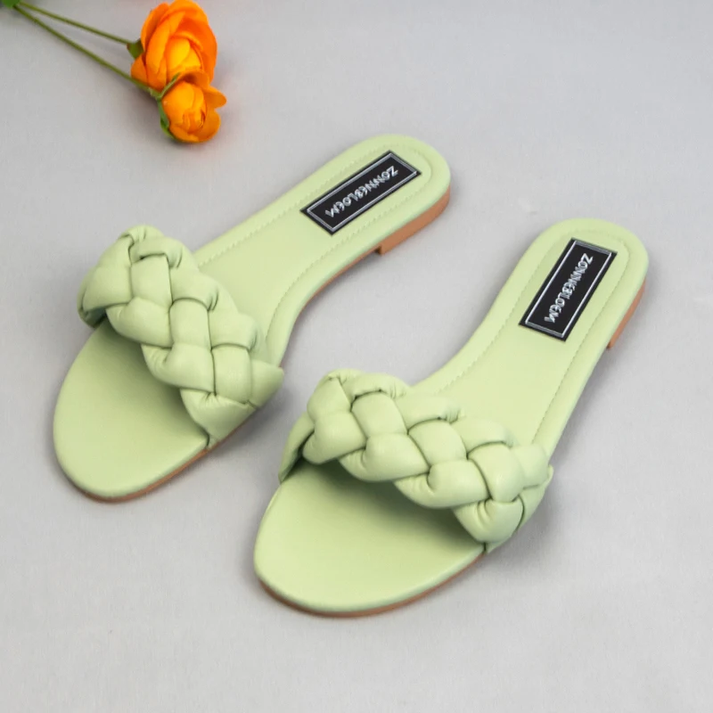 New Designer Fashion Summer Sandals Women Flat Bottom Ladies PU Leather Slides Weave Slip on Sandal Woman Outside Beach Shoes