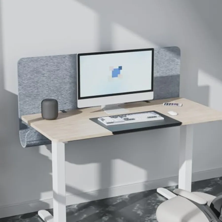 Office home desk privacy panel, acoustic felt material, gray, sound absorbing with hidden wire management and clamp/screw mount