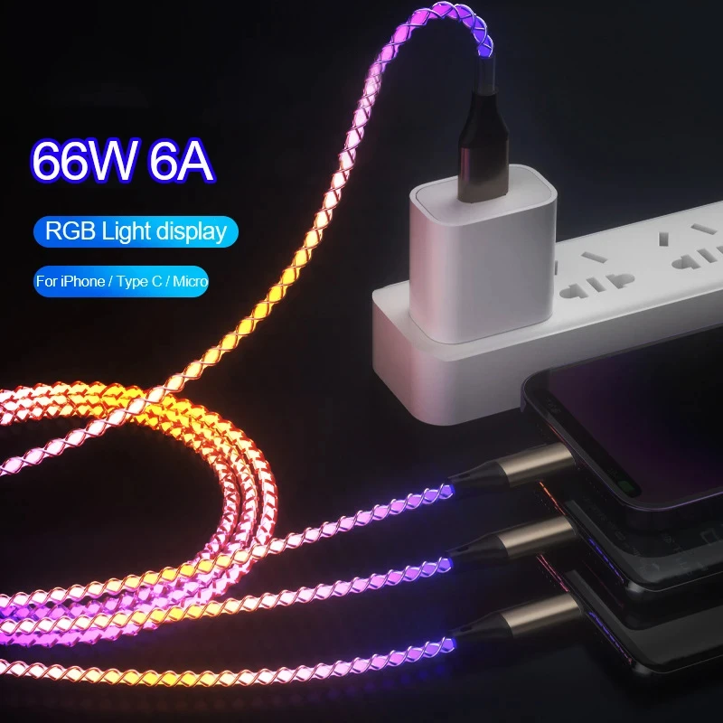 66W 6A 3 in 1 Fast Charging Type C Cable Micro USB RGB Colorful Streamer Glowing Line For iPhone Huawei Xiaomi Charger USB Cable