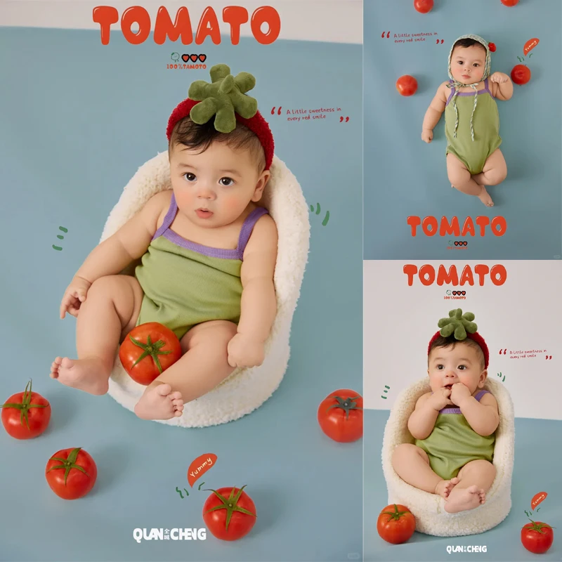 新生児トマトテーマ写真撮影衣装かわいいロンパースとヘッドバンドヘッドスカーフ付き幼児写真撮影衣装3-4ヶ月の赤ちゃん用