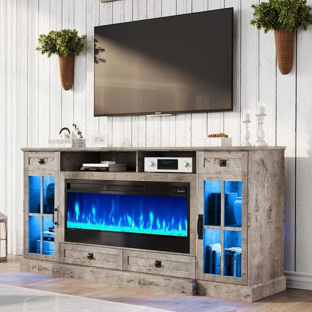 

70'' Fireplace TV Stand with 42" Fireplace, Farmhouse Entertainment Center with LED Lights for TVs Up To 80'', TV Console Table