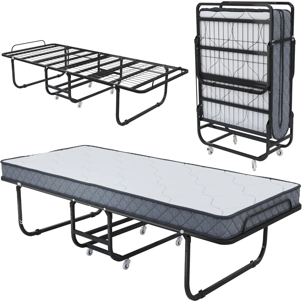 

Folding Bed with Mattress - 75x39 Twin Size Frame - Portable Rollaway Guest Bed with 5-inch Memory Foam Mattress - Space-Saving