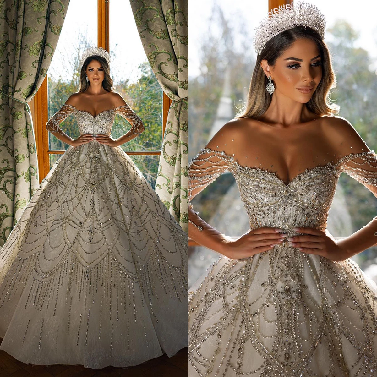 

Luxury Crystal Wedding Dresses Off Shoulder Sequins Beading Bridal Ball Gowns Long Sleeves Custom Made Robes De Mariée