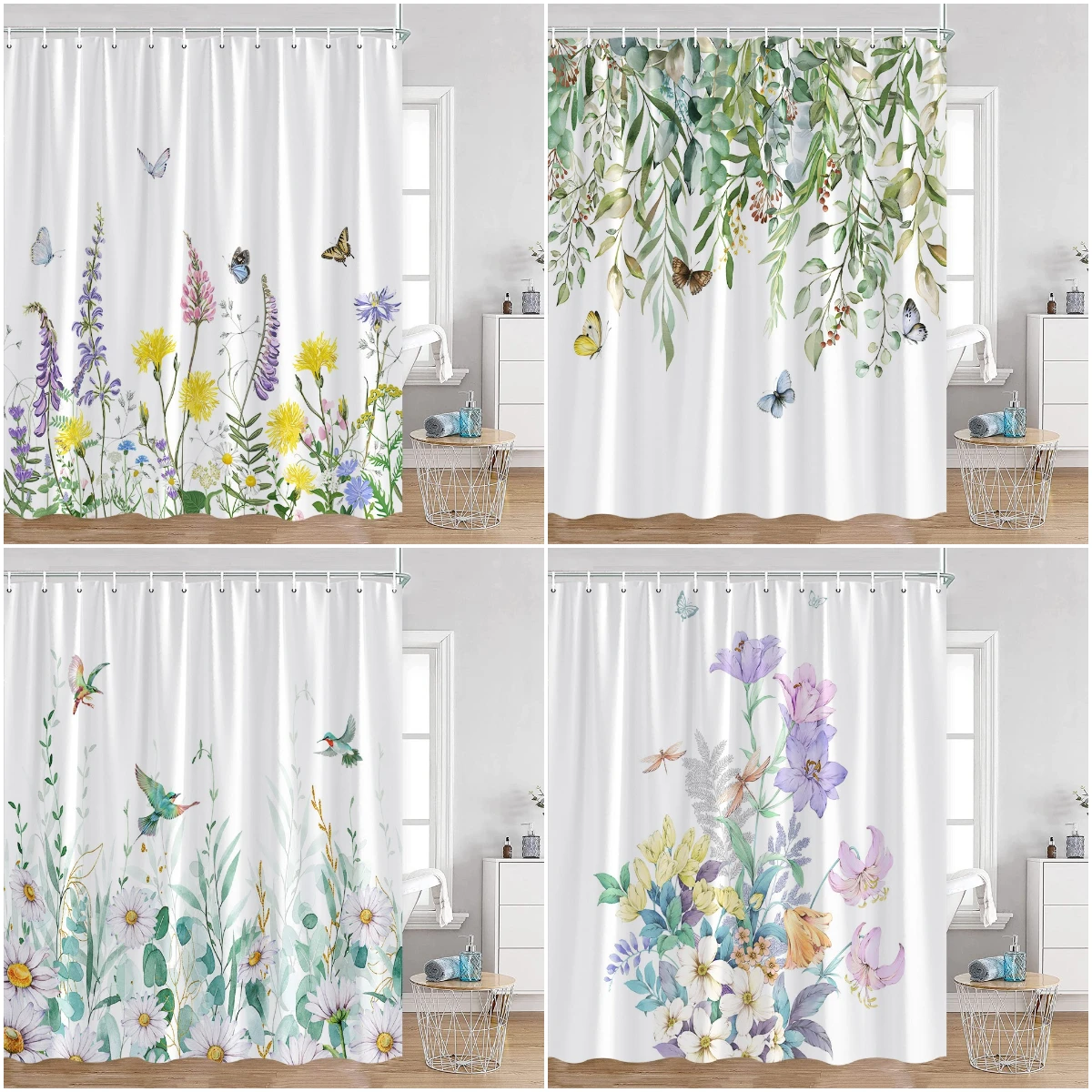 

Watercolor Flowers Shower Curtain Plants Green Leaves Butterfly Greenery Bathroom Decorations Polyester Fabric Bath Curtain