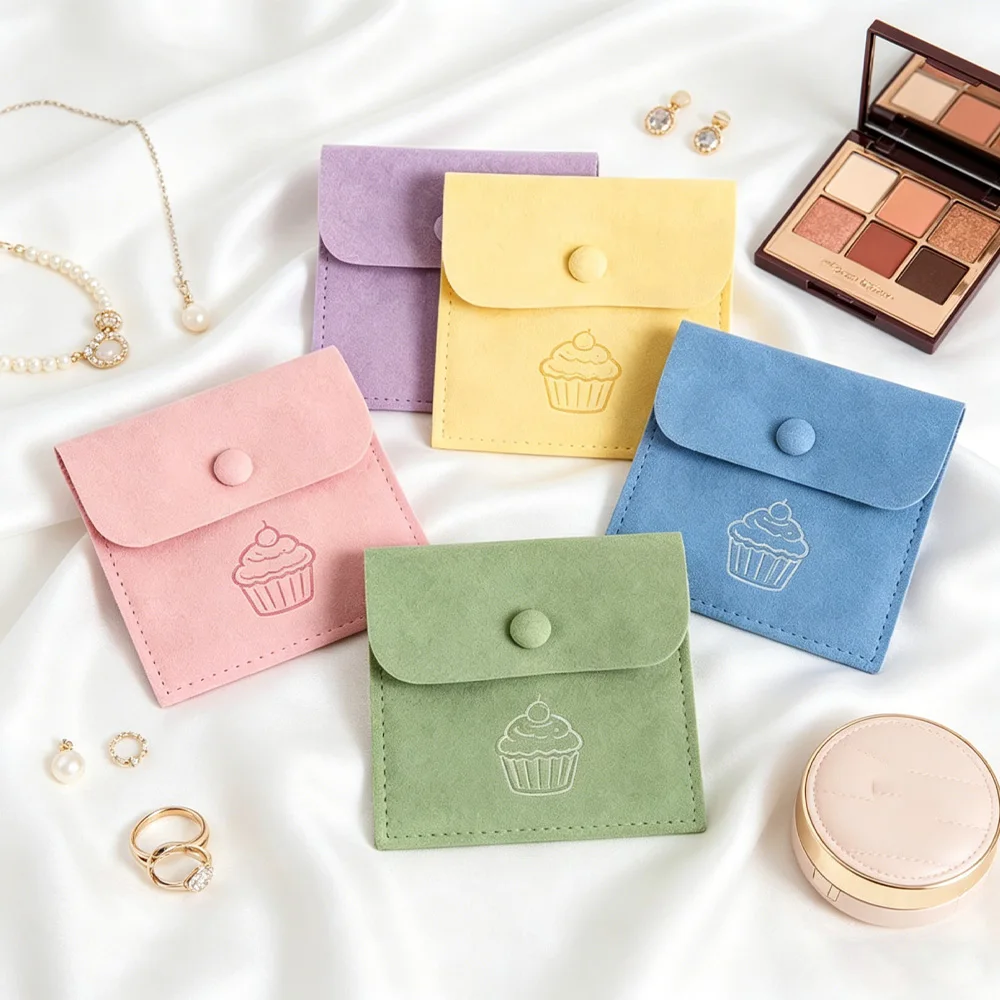

50Pcs 6x6cm 8x8cm Custom Logo Jewelry Microfiber Snap Bag Ring Earrings Studs Bracelet Pendant Necklace Organizer Gift Packaging