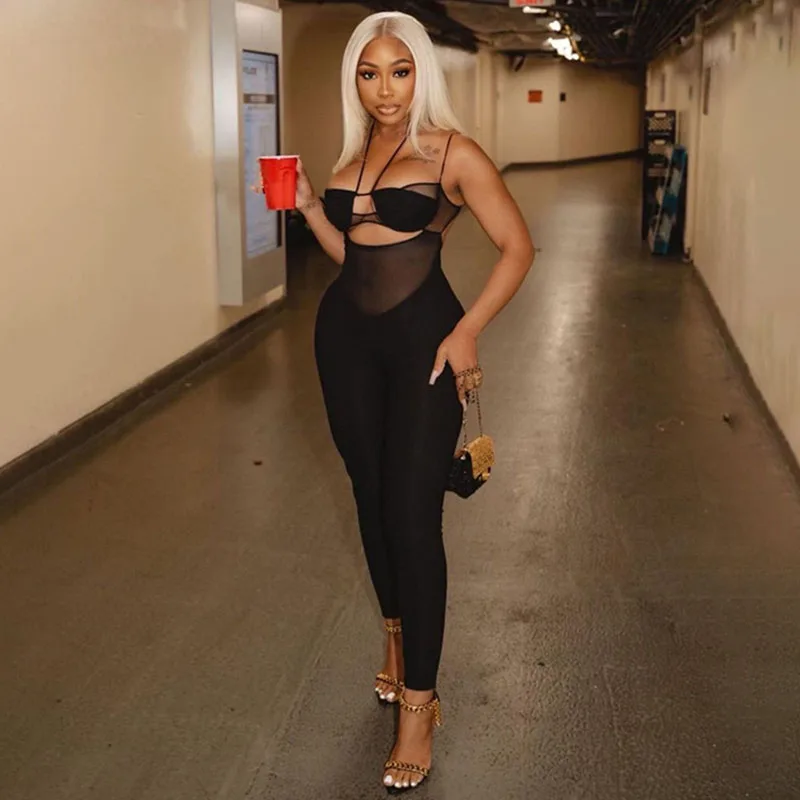 

Черные сетчатые лоскутные комбинезоны, женские сексуальные комбинезоны на шнуровке с открытой спиной и высокой талией, цельный комбинезон для ночного клуба, наряд