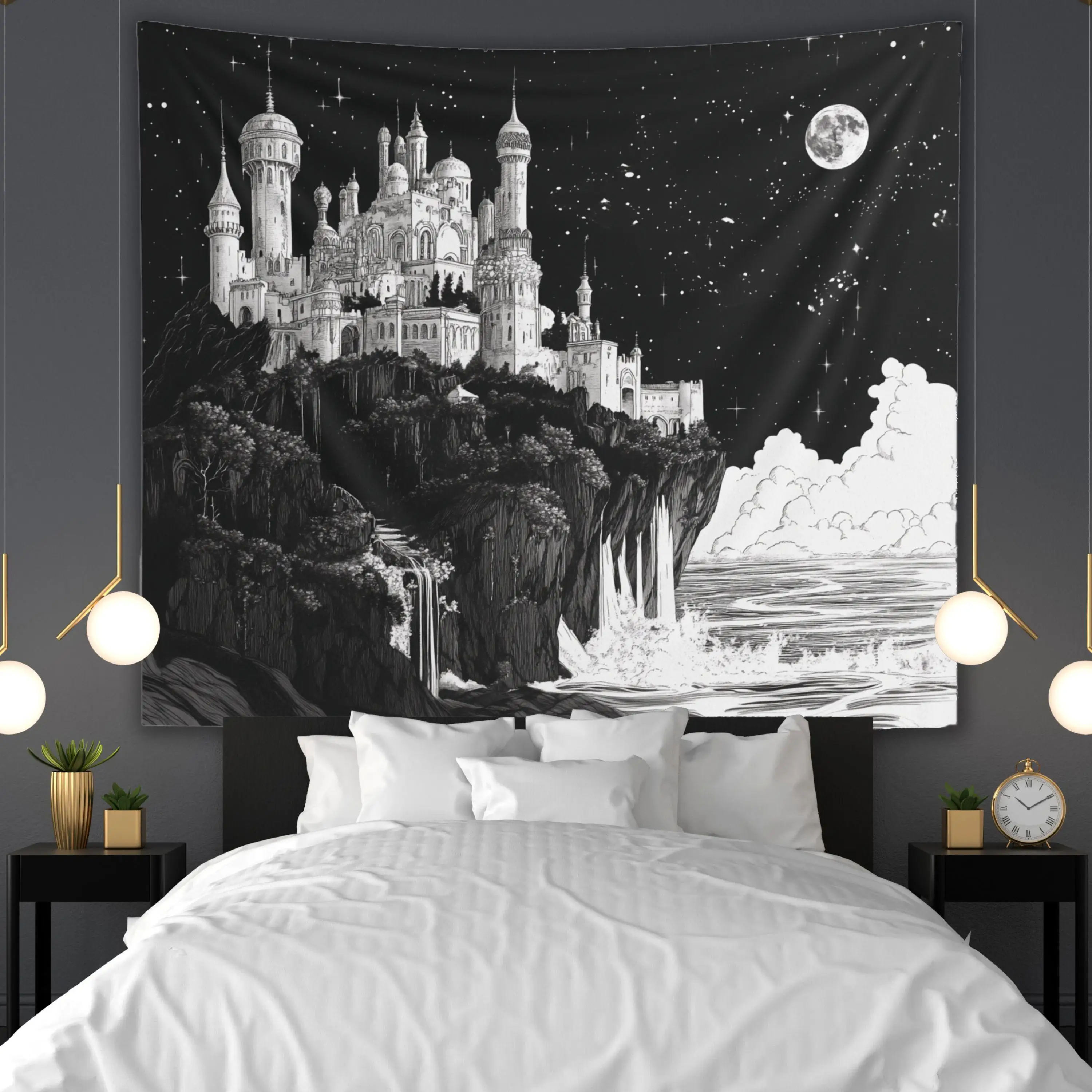 VIKAMA Black and White Moon Castle Tapestry, Dark Fairy Tale Style Background, Gothic Style Decoration, Room Decoration