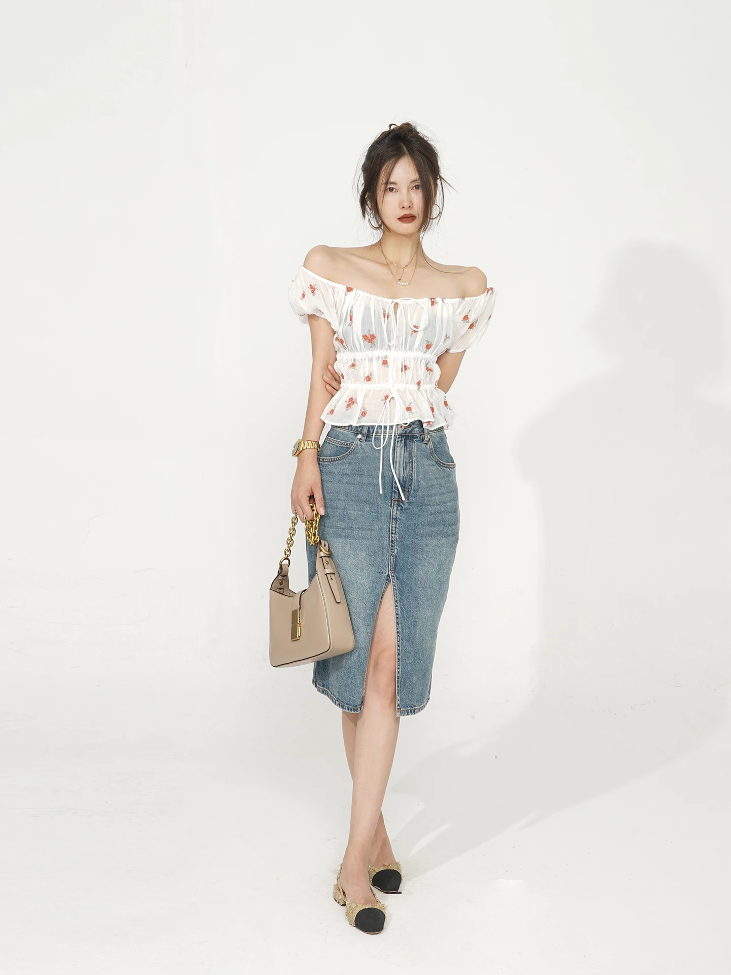

Akimbo Floral Print Crop Top And High Waist Slit Denim Skirt Summer Holiday Casual Sle Women's Faion Ci Commute