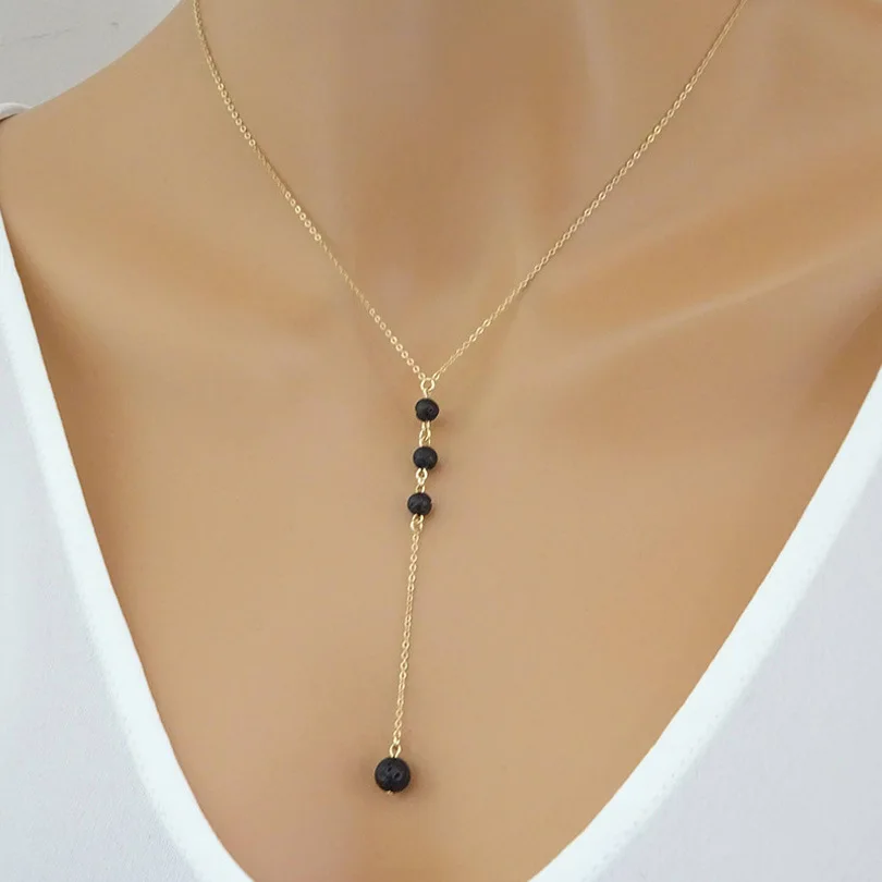 

Hot-selling volcanic stone aromatherapy necklace, lava bead volcanic stone ball long sexy necklace, stable supply