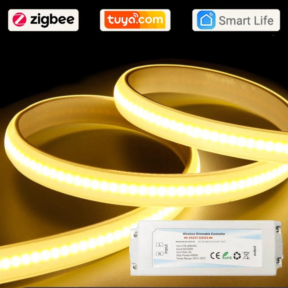 Super Bright 220V 230V COB LED Strip Zigbee 3.0 Smart Controller 288LEDs/m Flexible COB Light Bar Outdoor Waterproof Smart Life