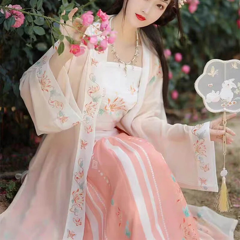 Różowy chińskie tradycyjne Hanfu damski sukienka haftowana 3 szt. Kostium do tańca z bajki Cosplay na imprezę karnawałową starożytny chińska odzież