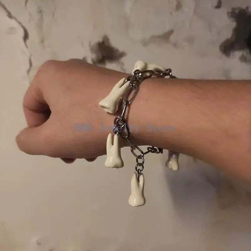 F2TD Stylish Ti Steel Bracelet With Unique Resin Teeth Charm Gothic Fashion Wrist Accessory For Daily Wear