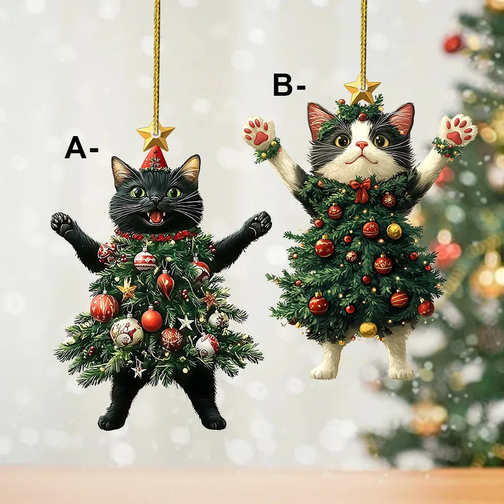 

Christmas Cat Pendant Halloween Cartoon Animal Christmas 2D Acrylic Xmas Tree Ornaments 2024 New Year Home Decor