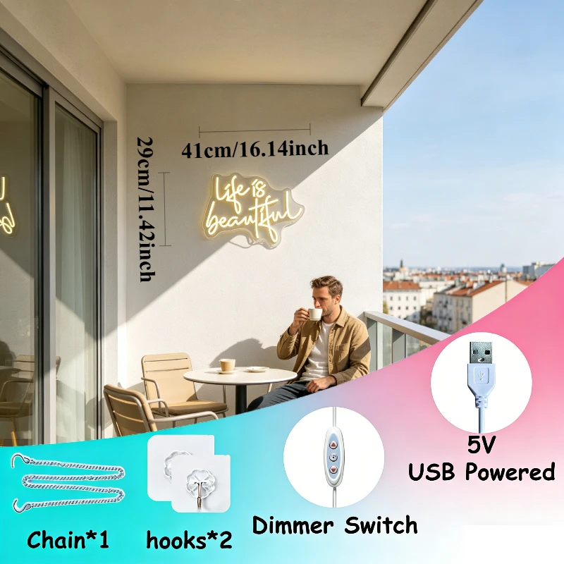 Life Is Beautiful Neon Sign Dimmable LED Night Light 3D Acrylic Aesthetic Wall Lamp Home Bedroom Living Room Decor USB Gift