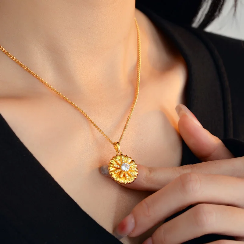 Luxury 24K 9999 Pure Gold real gold Women's Sunflower Pendant Necklace Clavicle Chain