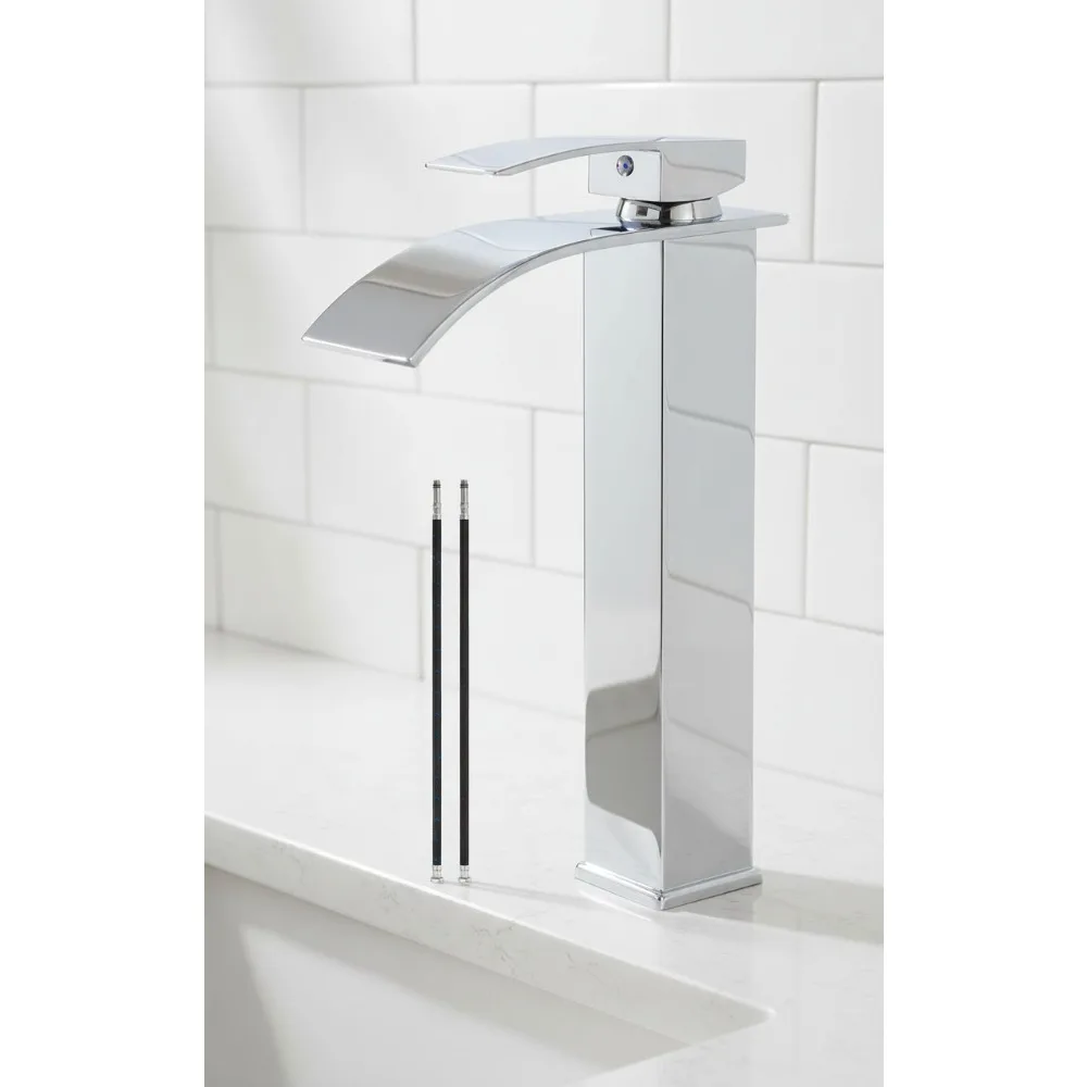

Tall Waterfall Bathroom Faucet Chrome Single Handle Deck Mount Vessel Sink Mixer Tap with Large Spout for Modern Vanity