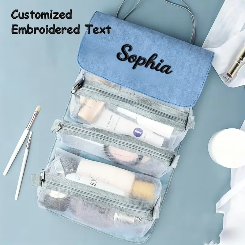 2pcs personalized custom text embroidered toiletry bag, foldable portable travel storage box, custom women's cosmetic set, travel toiletry bag, lightweight compact travel makeup bag, detachable large-capacity toiletry bag