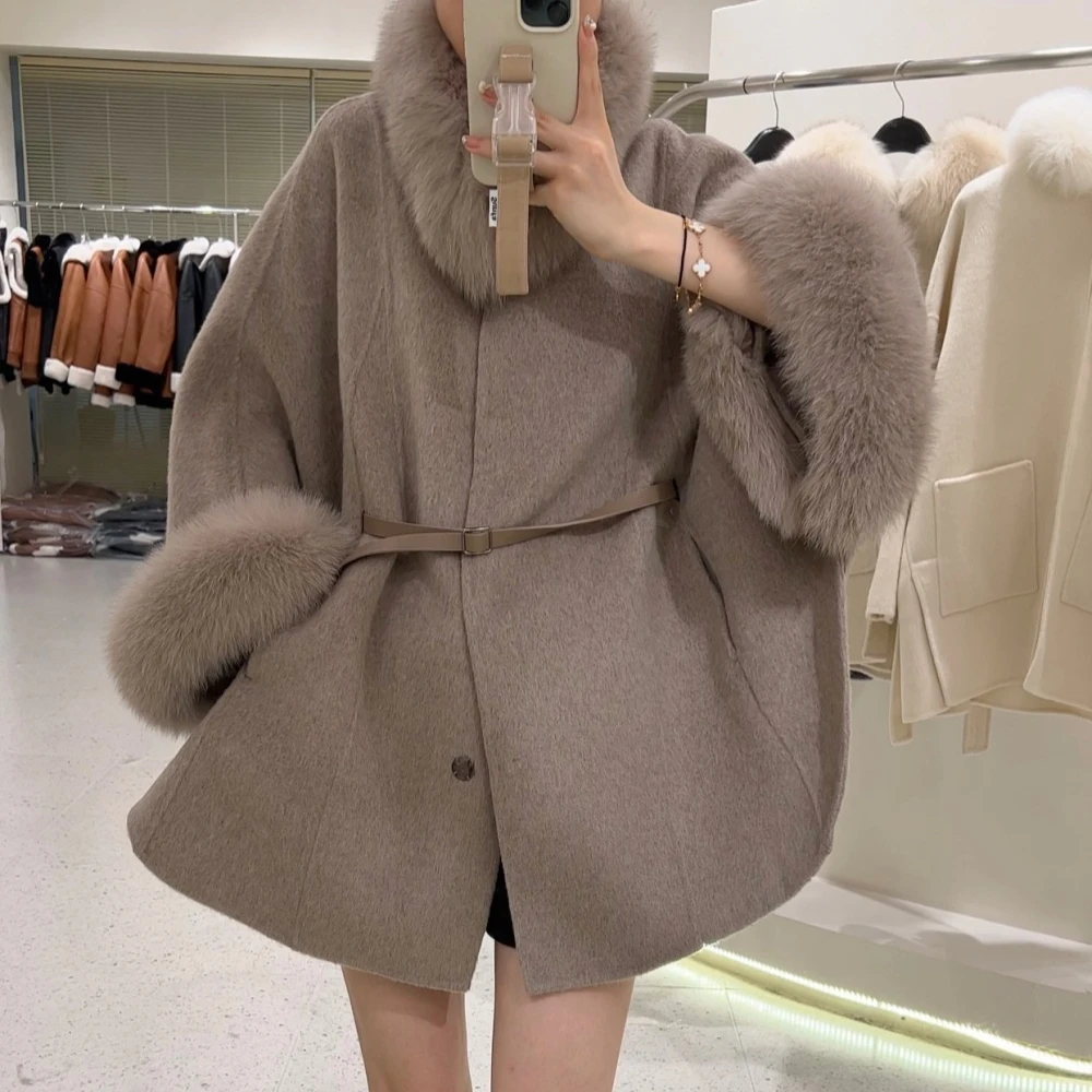 Reality Fur Jacket Women's Warm Thick Fur Detachable Real Fox Fur Collar Coat Cloak Female Wool 2025 New Autumn Winter Coat