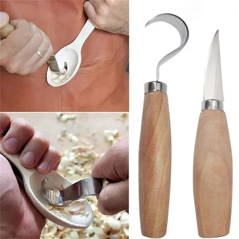 Cortador de tallado de madera de acero inoxidable, herramienta de artesanía artística de corte de madera, con mango de madera, cuchara, gancho, cuchillo, bricolaje, 1/2 piezas