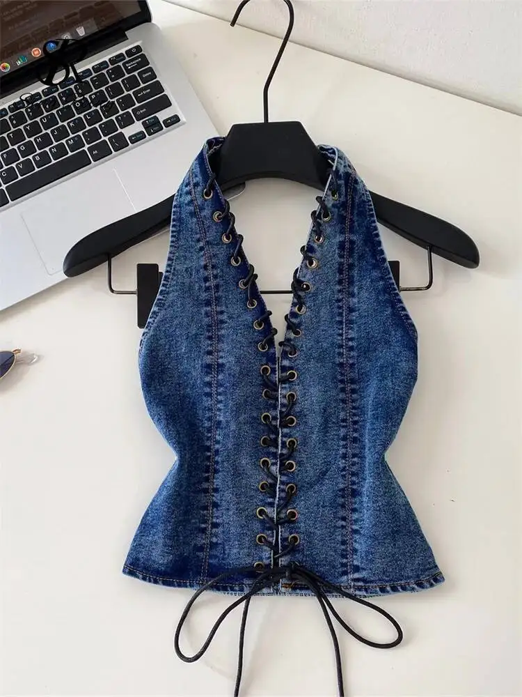 Night Club Denim Camis Female Summer Backless V Neck Lace Up Shirred Retro Halter Top Y2K Hot Girl Streetwear Tank Top