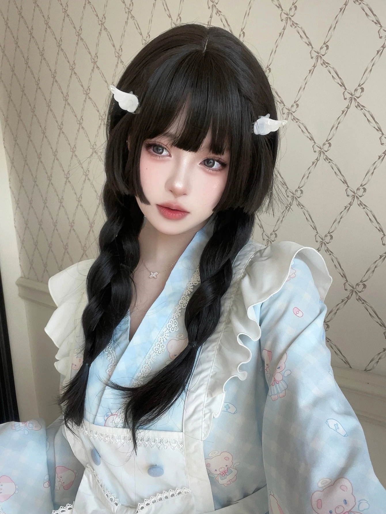 22Inch Black Lolita Hime Cut Synthetic Wigs with Bang Long Natural Straight Hair Wig for Women Daily Use Cosplay Heat Resistant