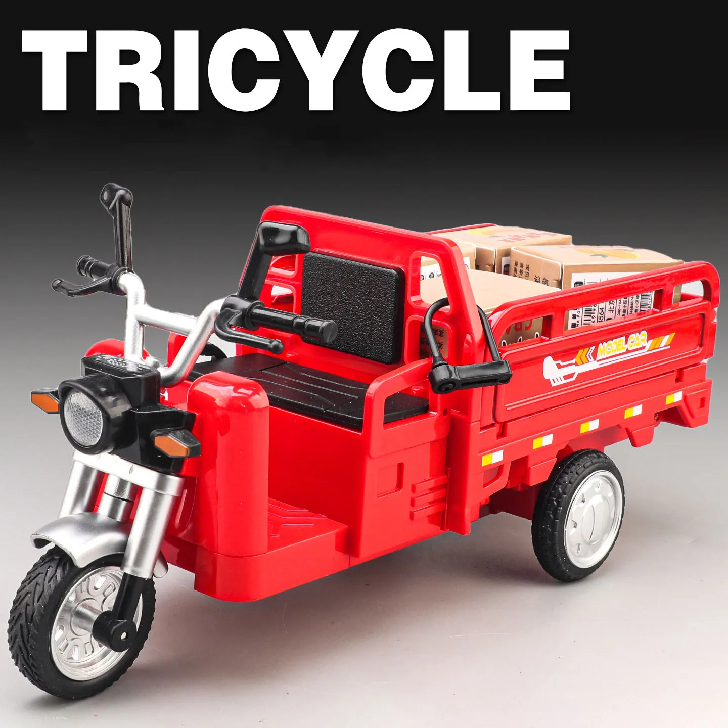 

Scale 1:12 Tricycle Model Toy Car Metal Body Linkage Steering Delivery Van Sound Light Shock Absorption Models Boys Toys