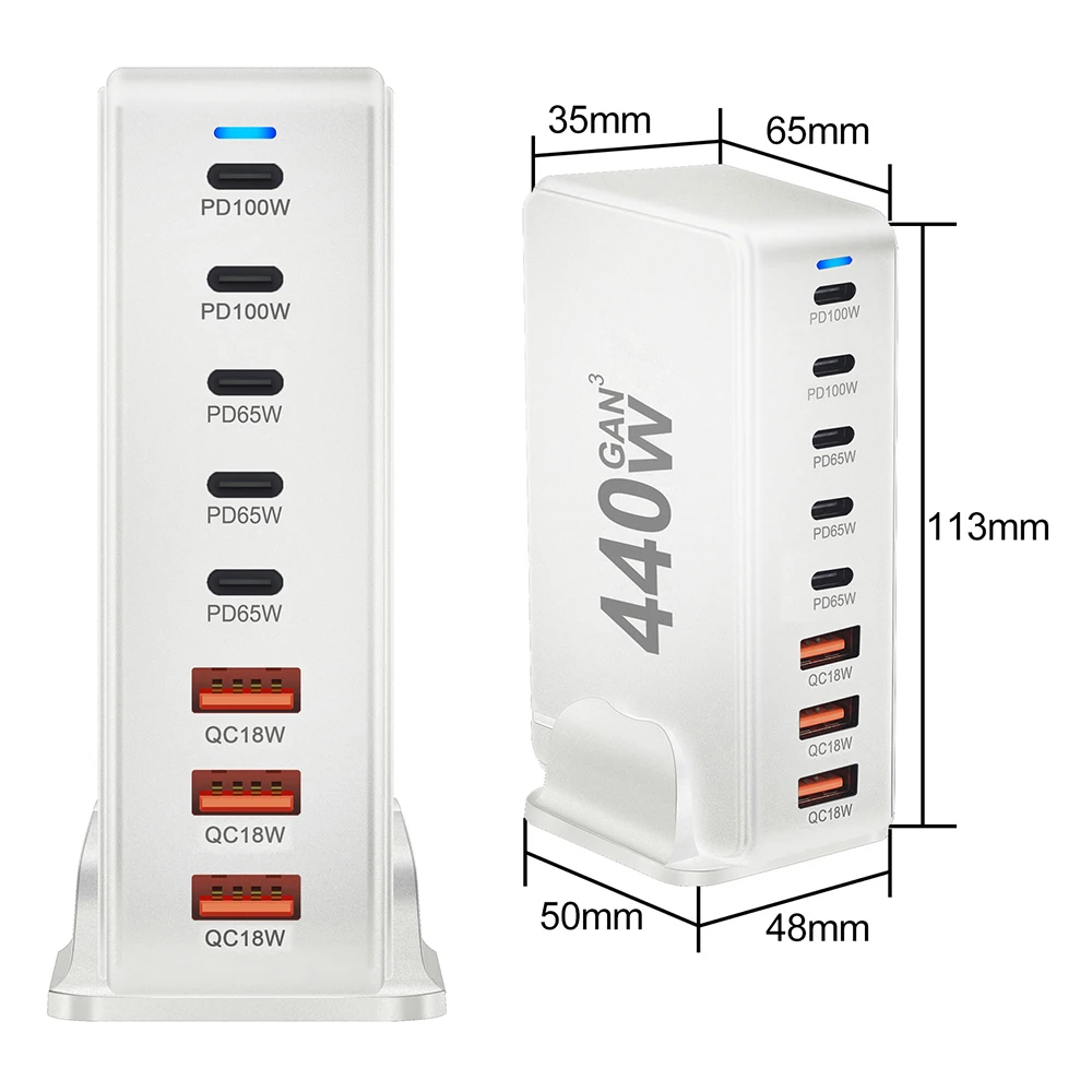 440W Desktop GaN Quick PD Charger 8 Ports USB Type C USA EU AUS UK Plug Adapter Mobile Phone Laptop PC Charging Dock Stand