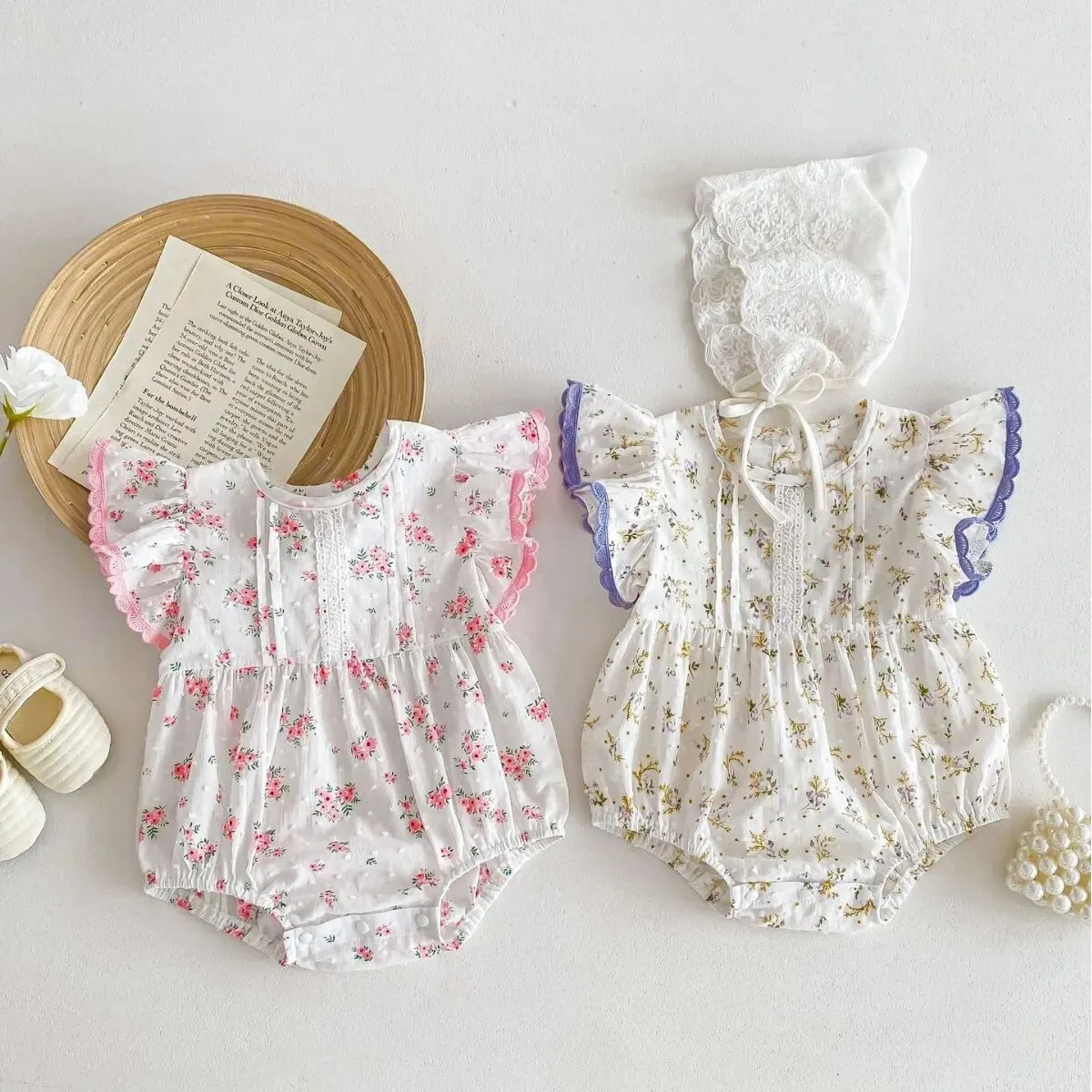 

2024 Summer New in Infant Baby Girls Fly Sleeve Ruched Floral One-pieces Jumpsuits Kids Nebworn Bodysuits 0-24M