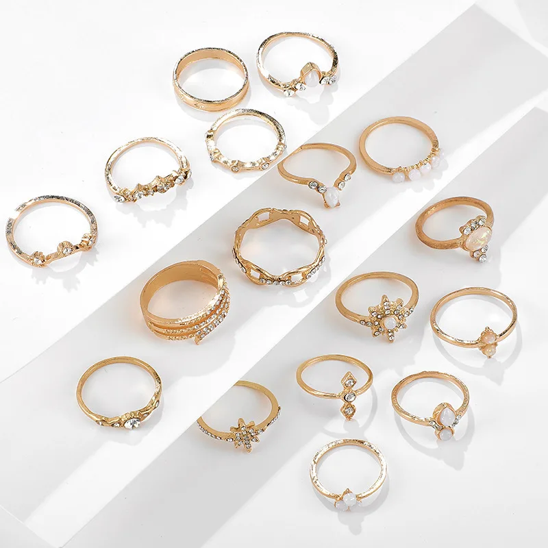 17 PCS/Set Fashion Geometric Punk Rings For Women Crystal Gold color Finger Ring Ladies Jewelry Wedding Rings Party Gifts