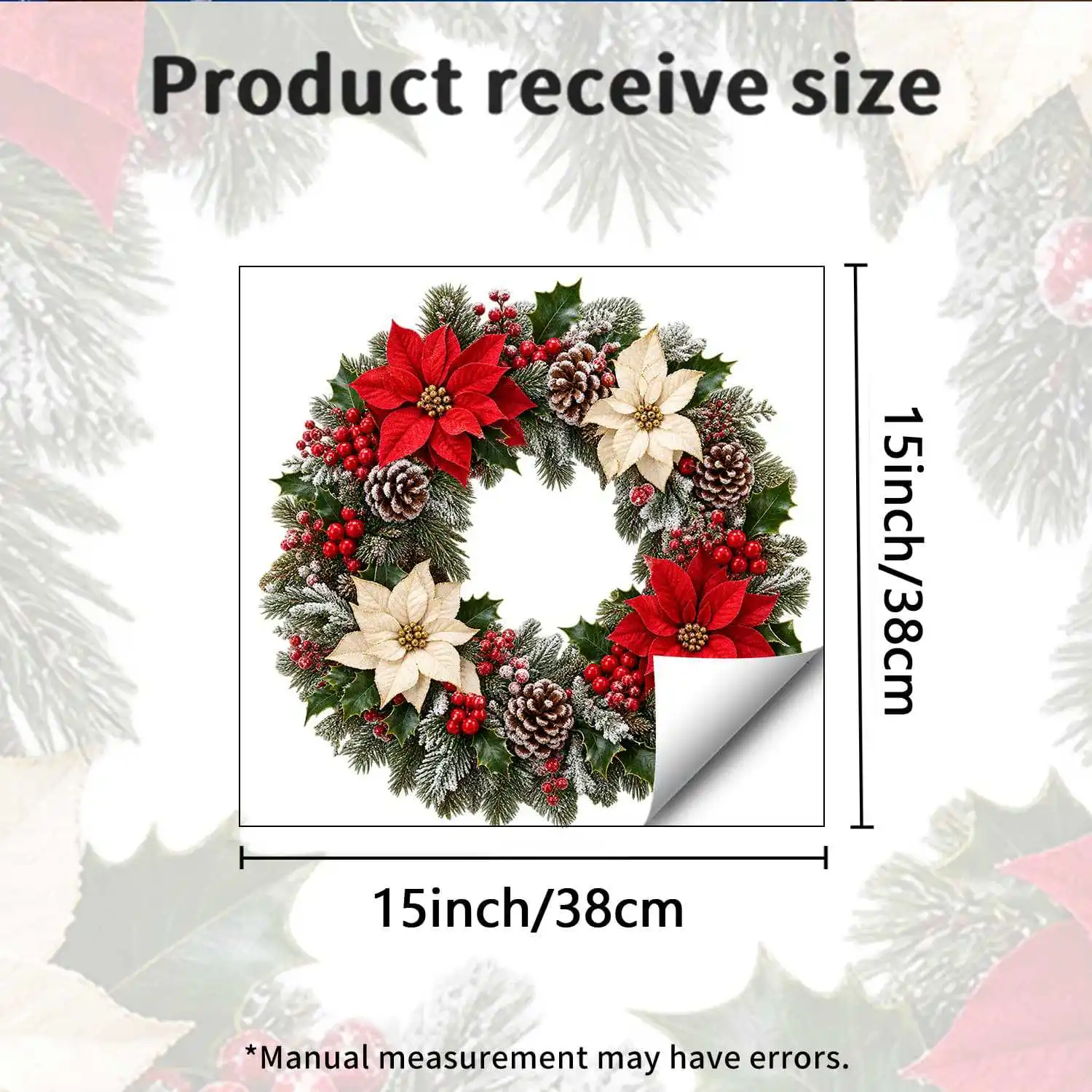 Red Christmas Wreath For static Cling Sticker PVC for Windows Glass Doors 38x38cm Reusable Seasonal For Home Decor