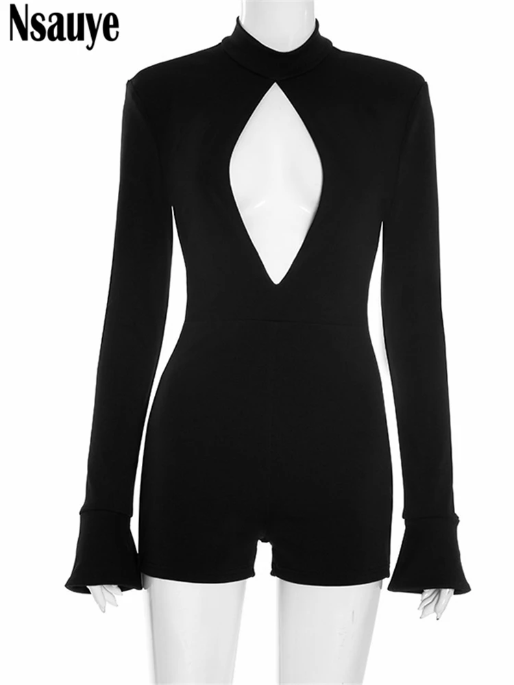 Nsauye manica lunga skinny scava fuori moda donna a vita alta sexy night club pagliaccetti tutina tuta intera top 2025