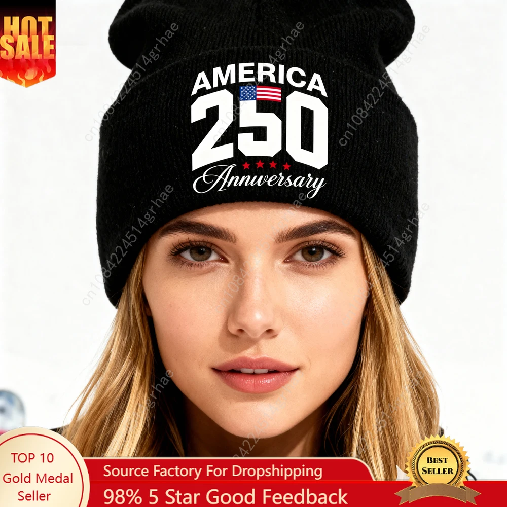 

1pc warm winter knitted hat with 'Celebrating the 250th Anniversary of the Fouding of the United States' printed on it.