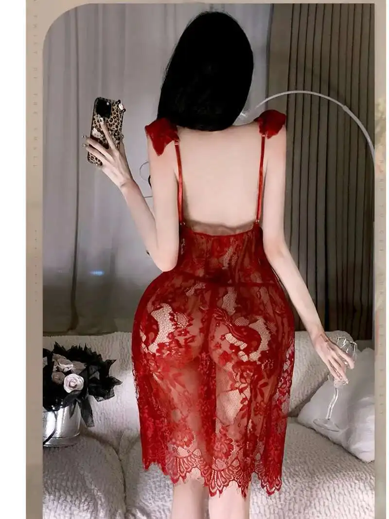 الدانتيل الحلو شبكة موضة النساء 2025 فساتين جديدة حجم كبير مثير الدانتيل ثوب النوم منظور بيجامة فستان أنيق GJ8J