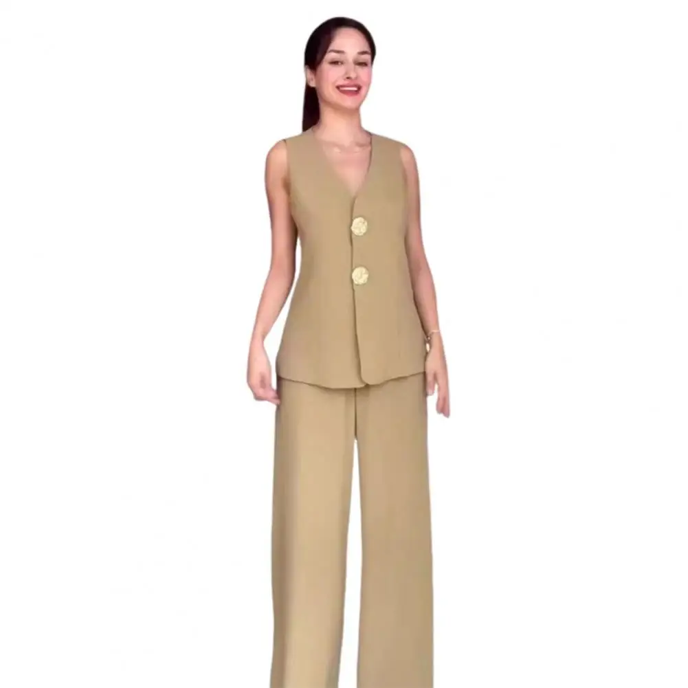 

Women Formal Wear Set Business Suit Set with V Neck Top Wide Leg Trousers Formal Office Attire
