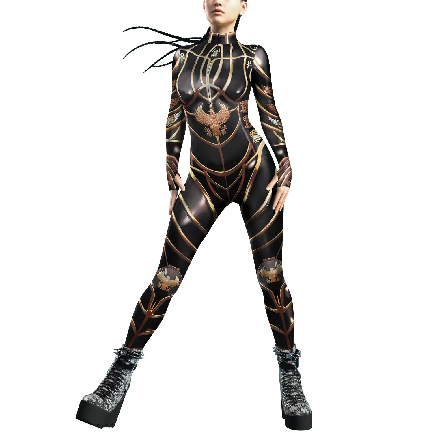 Teanoon Frau Gold Ägyptischer Pharao Overalls Punk Cosplay Kostüm Sexy Front Zipper Zentai Bodys Halloween Party Outfit