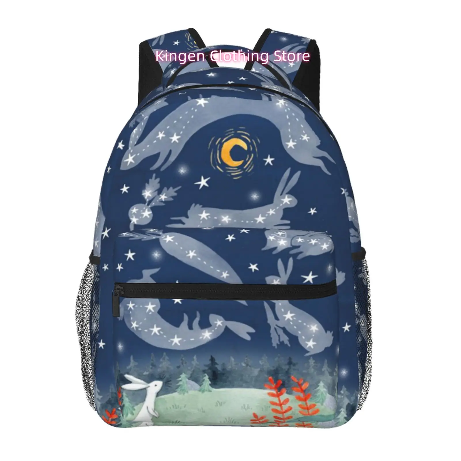 Dark Blue Starry Rabbit Silhouette Print Travel Backpack, Large Capacity with Adjustable Shoulder Straps& Multiple Compartments,