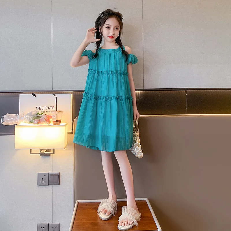 ZOETOP 2025 الكورية الصيف فتاة المدرسة فستان فتاة مراهقة قبالة الكتف فستان بحزام فتاة صغار لامعة الشاش فستان قطعة واحدة #2