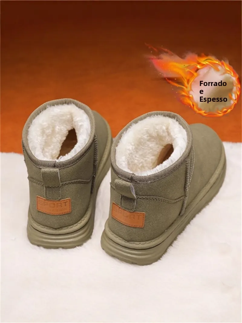 東北厚手冬用スノーブーツ-メンズ-アウトドア-暖かい綿靴-ファーレザー一体型パンシューズ-ローヒール-ラウンドトゥ