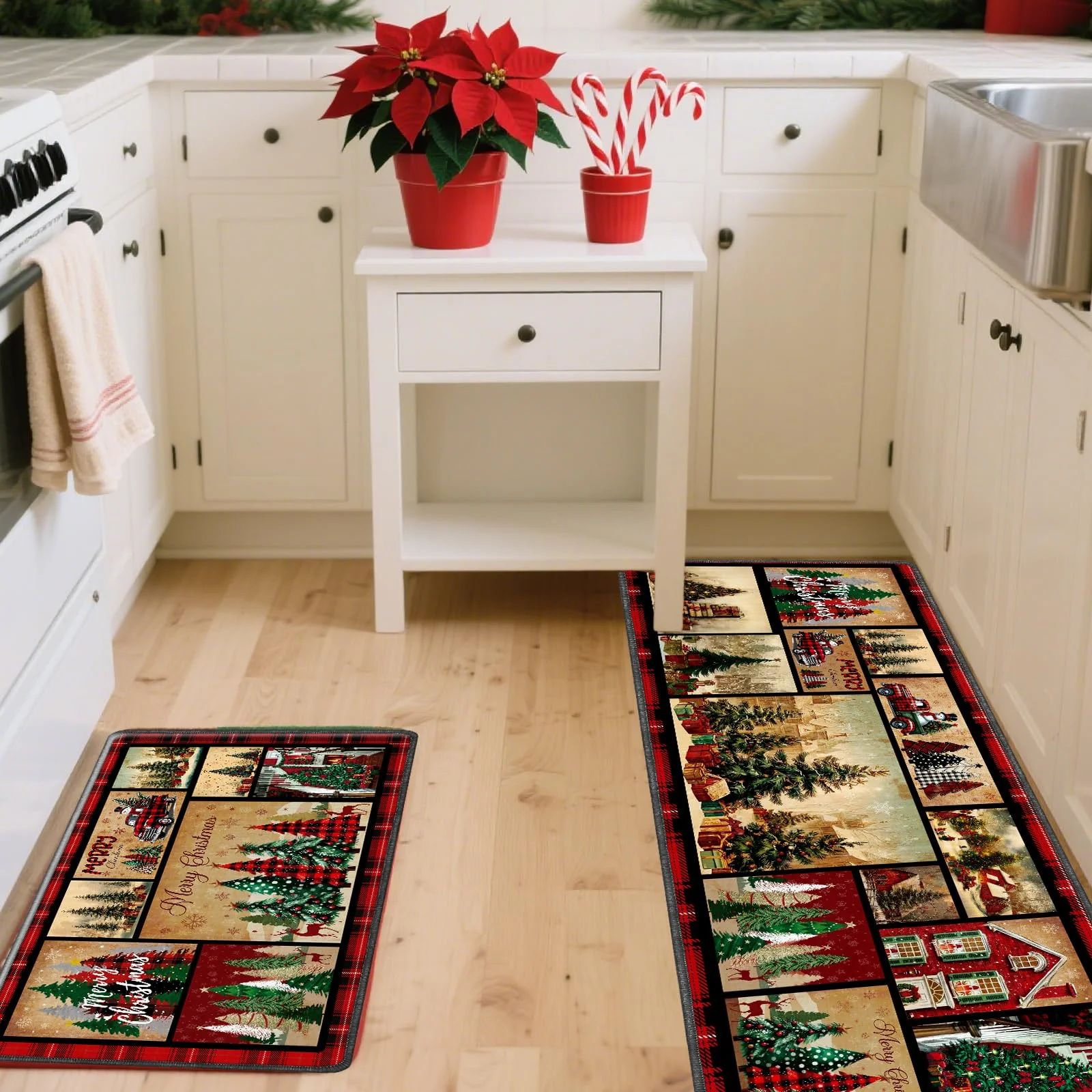 VIKAMA 2-teiliges Weihnachtsteppich-Set im amerikanischen Stil, rutschfeste Küchenmatten, Heimdekoration, Teppiche für Wohnzimmer und Schlafzimmer, Heimtextilien
