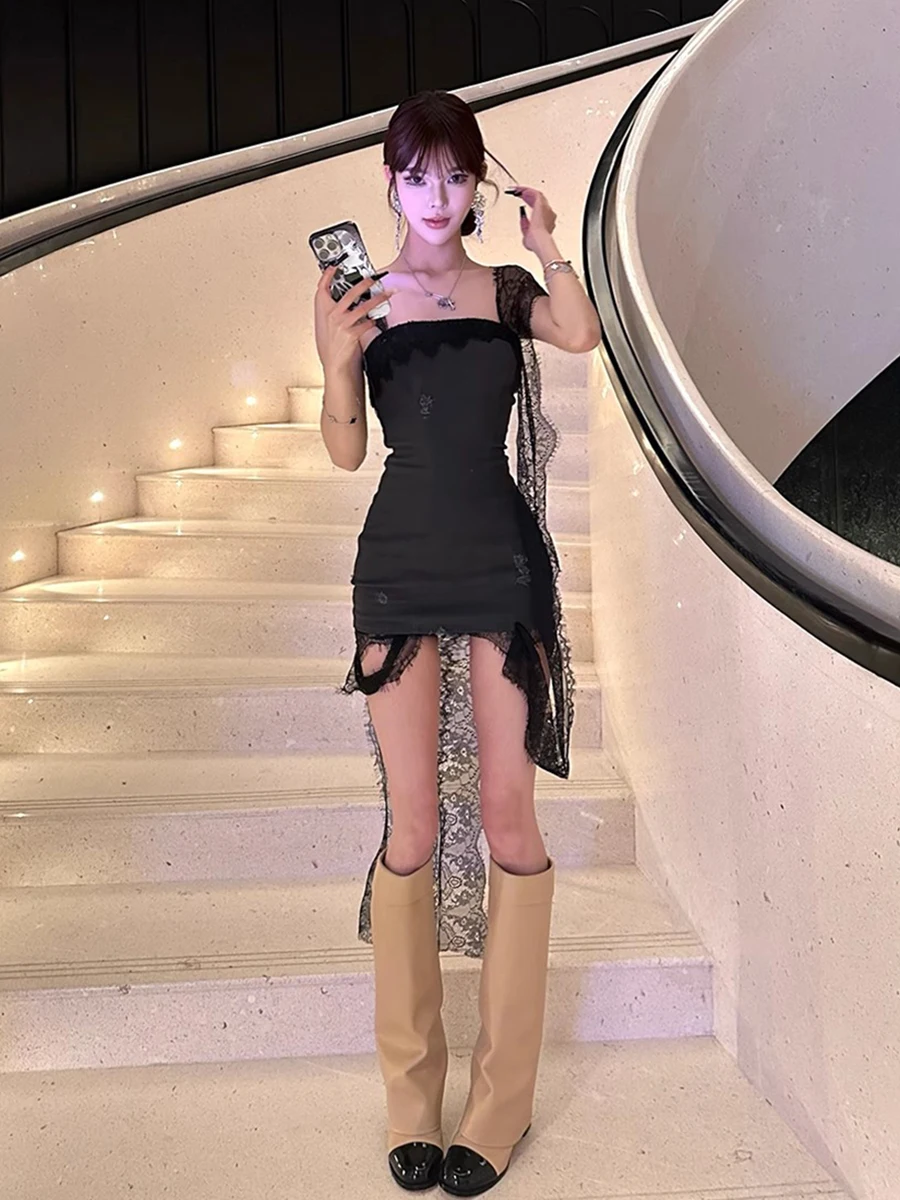 REDDACHiC Stitch Lace Flounce Mini Dress Women Black Sleeveless Corset Destroyed One-piece Bodycon Dress Summer Night Clubwear