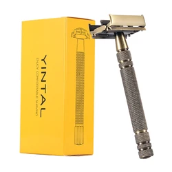 YINTAL Men's Bronze Classic Double-sided Manual Razor Long Handle Safety Razors Shaving Replaceable Classic Razors